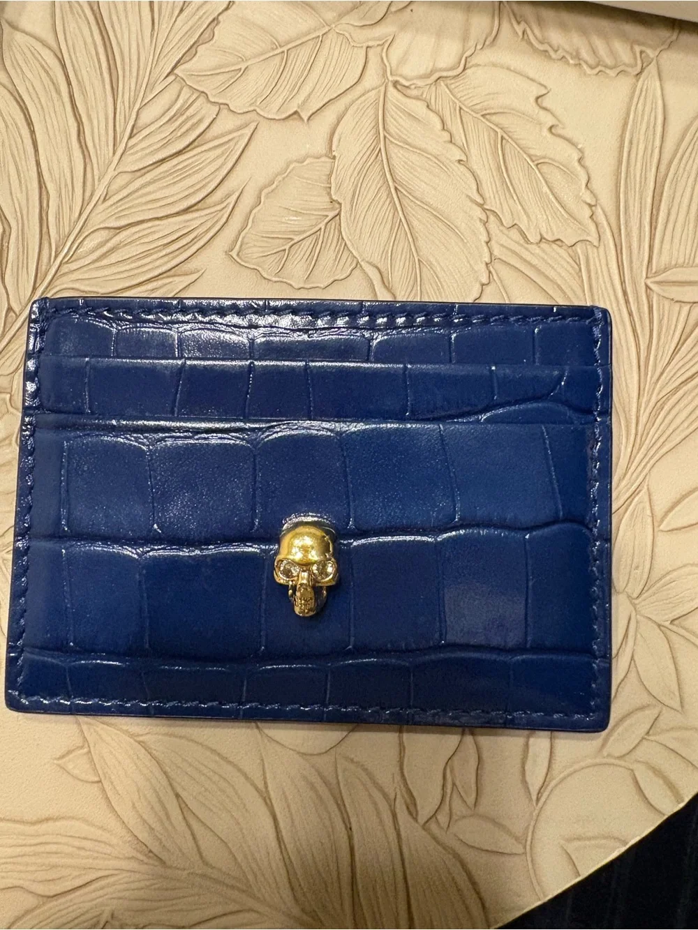 Alexander McQueen Navy Croc-Embossed Card & Key Holder with Gold Skull